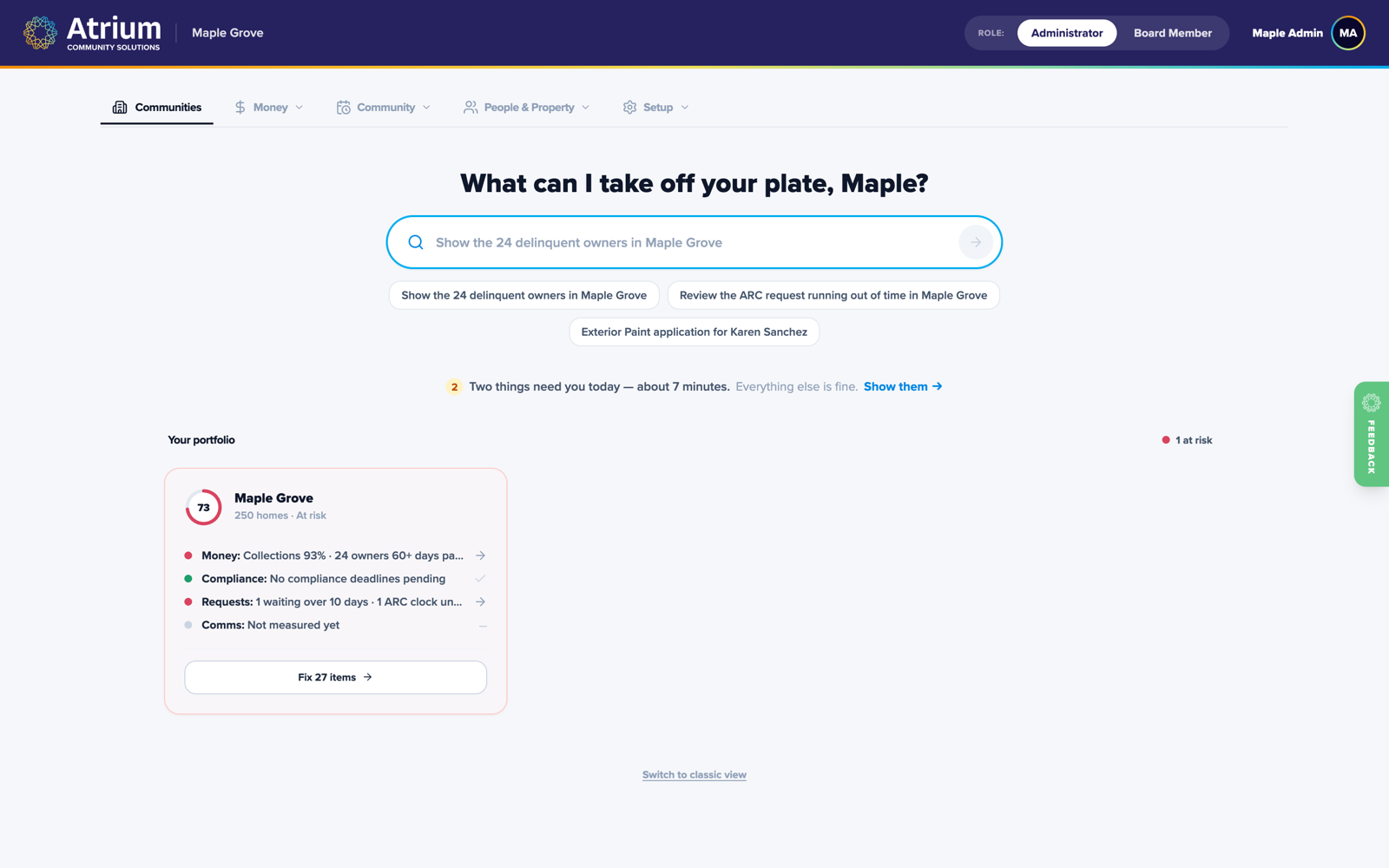 The Atrium ask bar staging a violation from a plain-English request