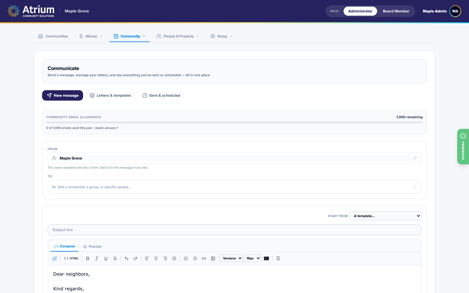 Composing a tracked community email in Atrium