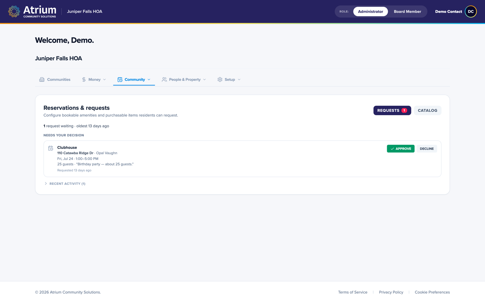 The Atrium reservations hub with an amenity booking awaiting approval